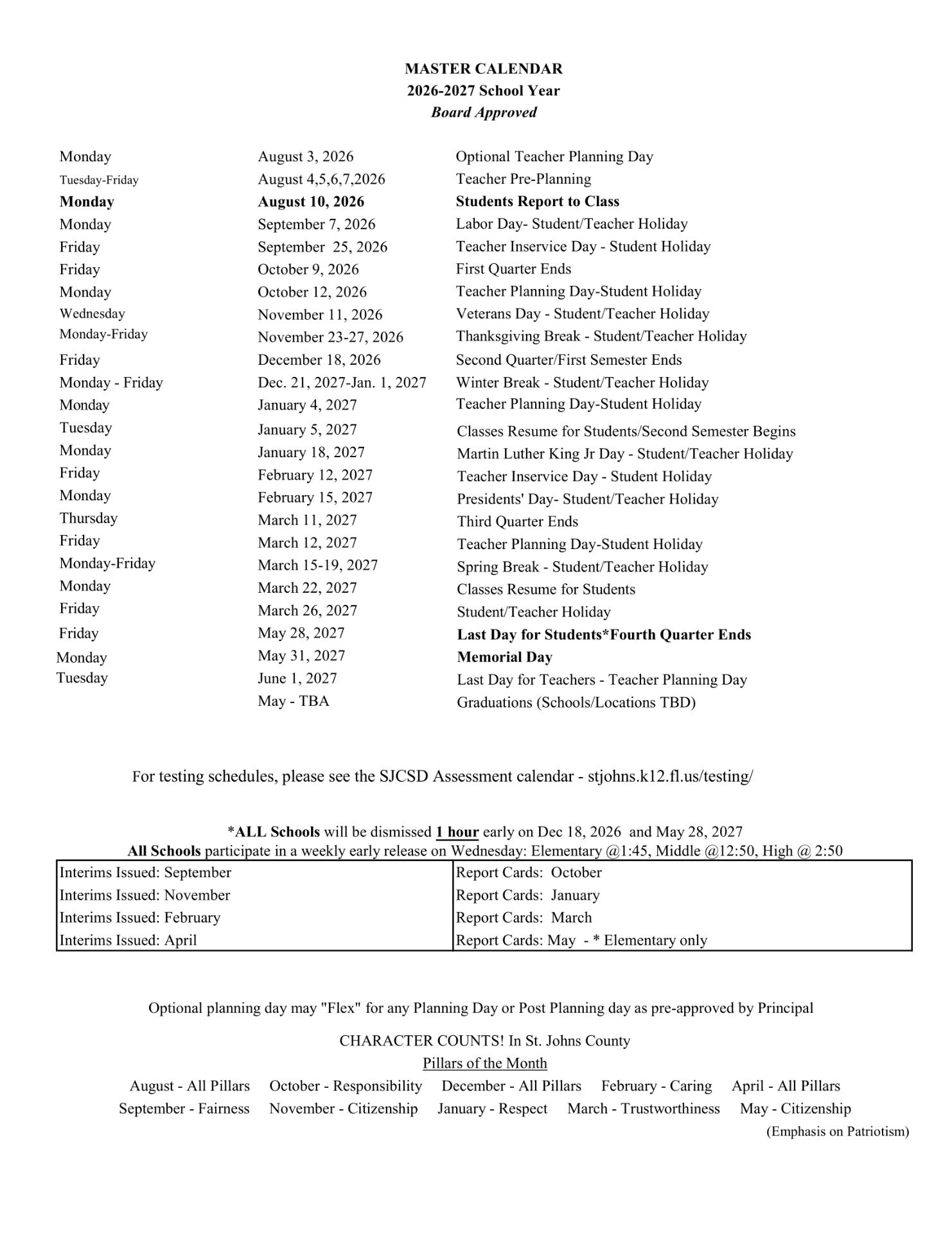 St. johns county school district alendar 26-27 Updated PDF