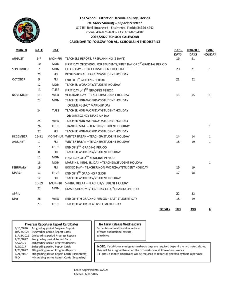 The School District of Osceola County, Florida Calendar 2026-27