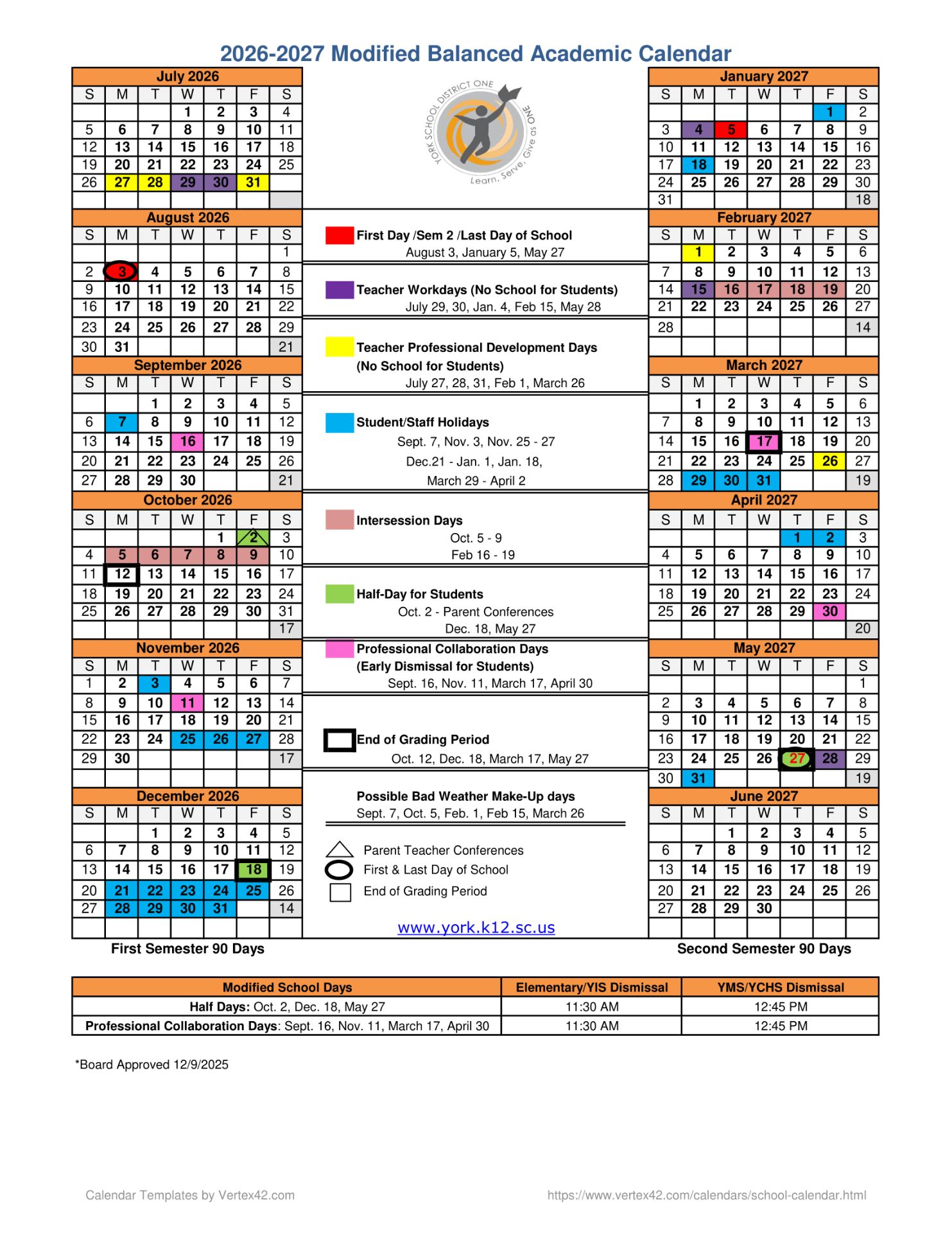 York School District 1 SC 26-27 Calendar [pdf] 