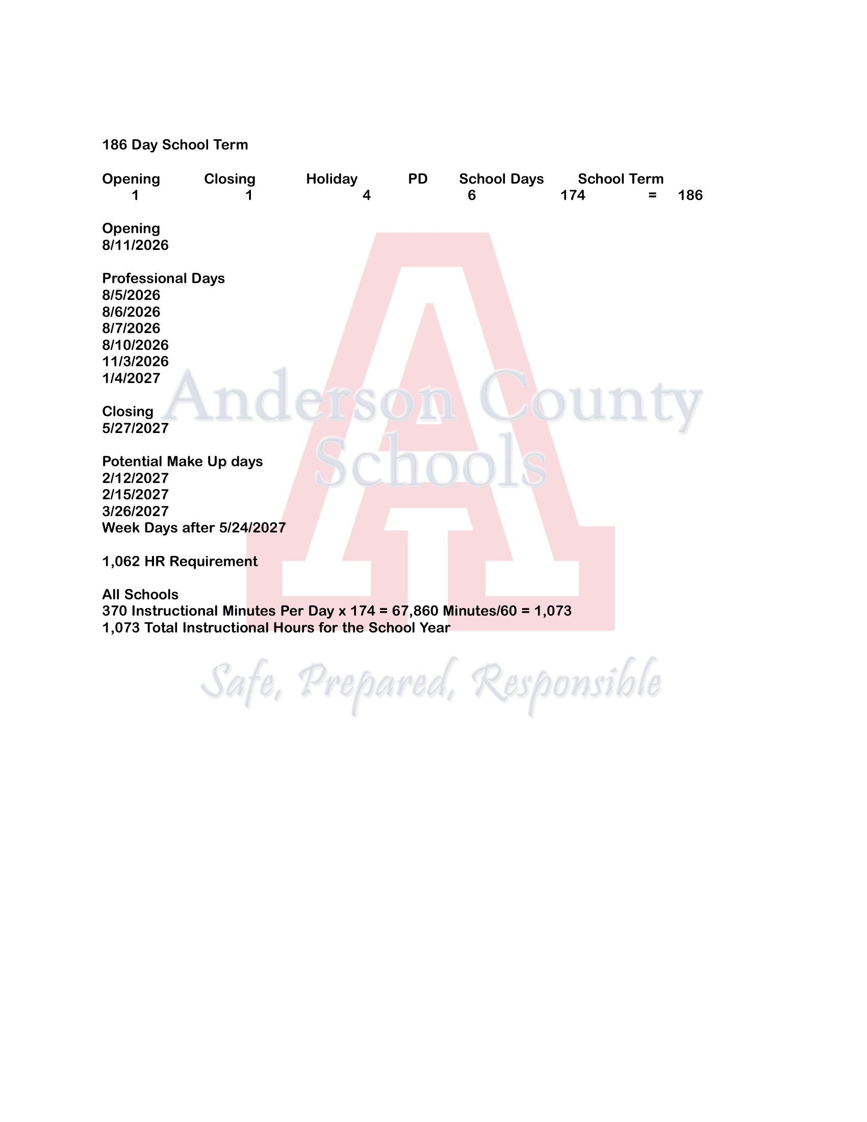 Anderson County Schools Calendar 26-27