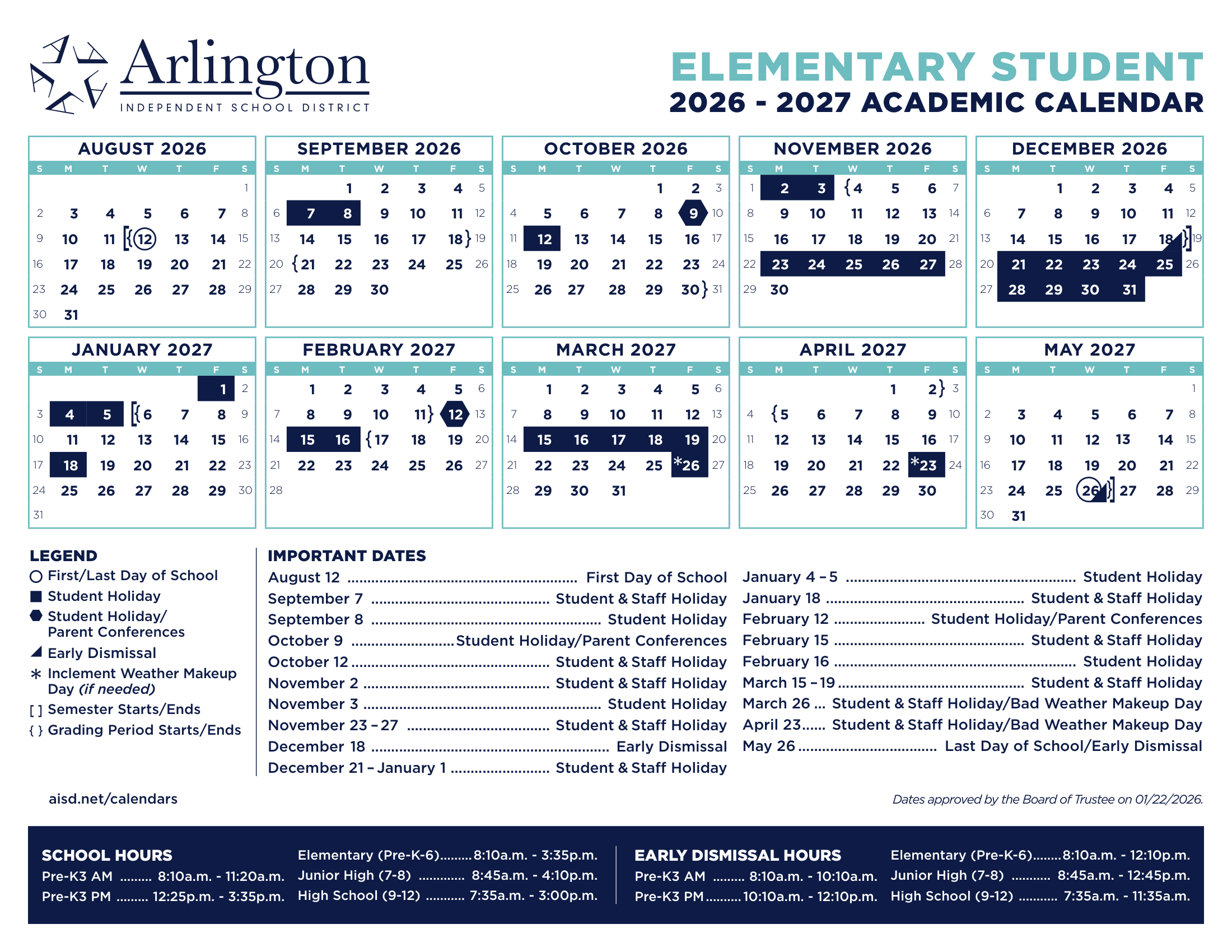 Arlington ISD Independent School District 26-27 Calendar [Revised]