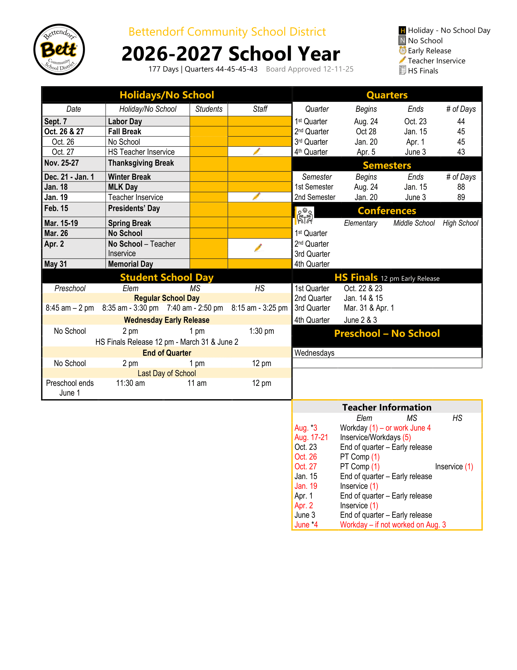 Bettendorf Community School District 26-27 Calendar Revised [PDF]