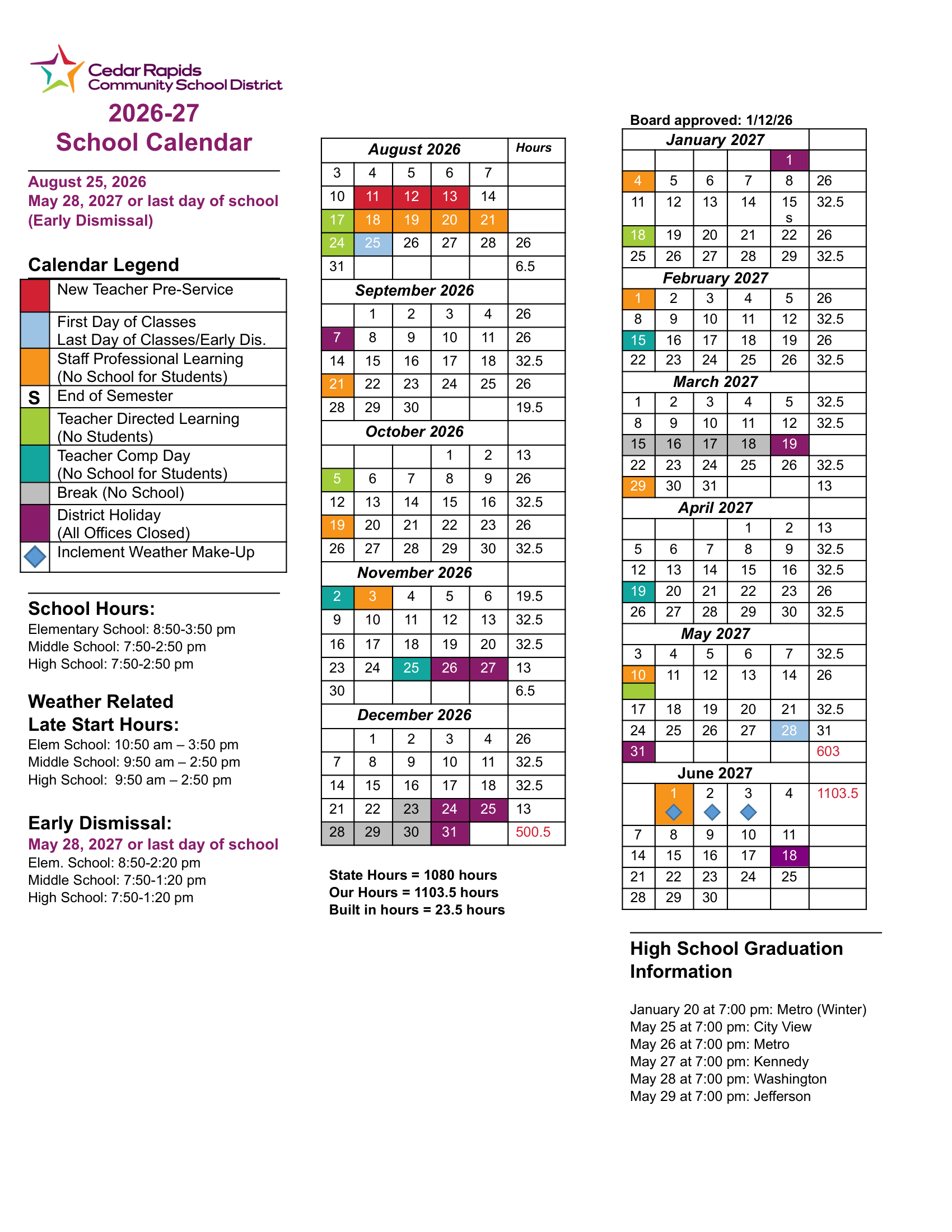 Council Bluffs Community School District 26-27 Calendar Revised [PDF]