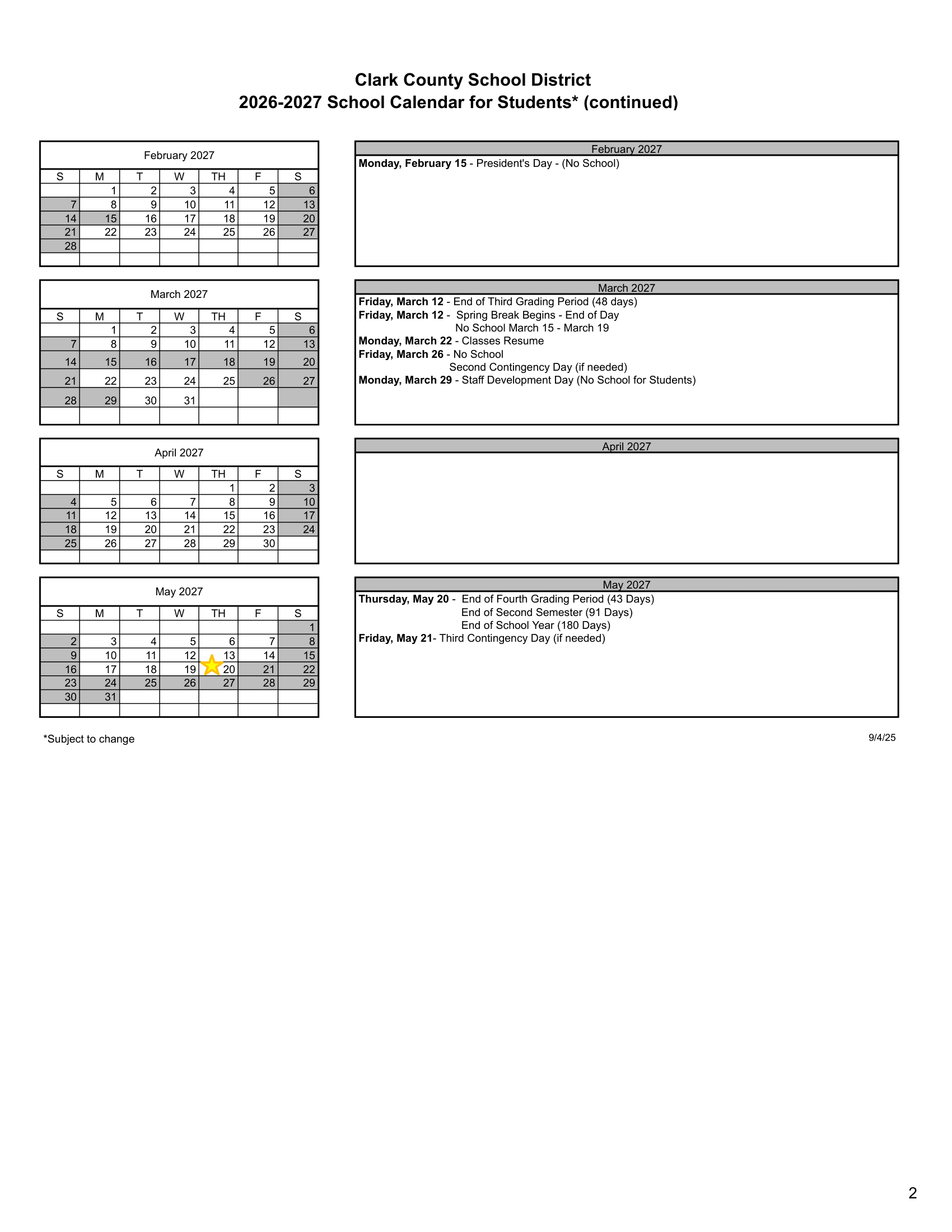 Clark County School District 26-27 Calendar Revised [PDF]
