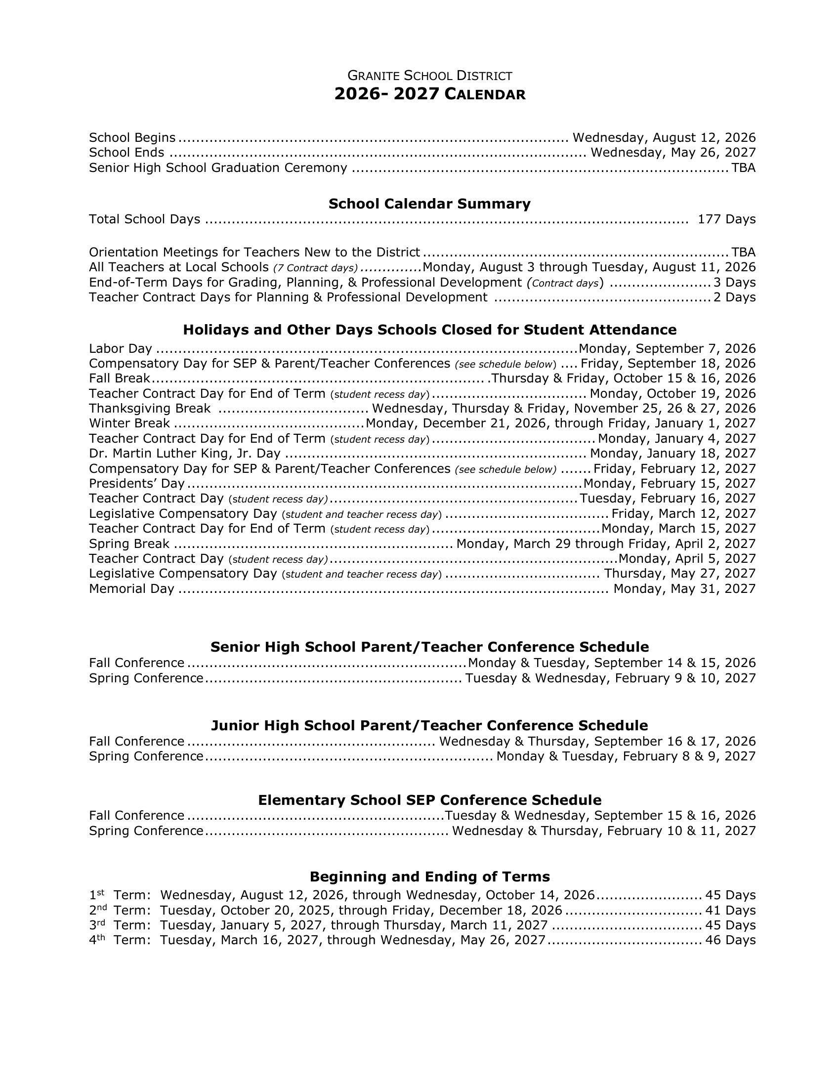 Granite School District 26-27 Calendars Updated [PDF]