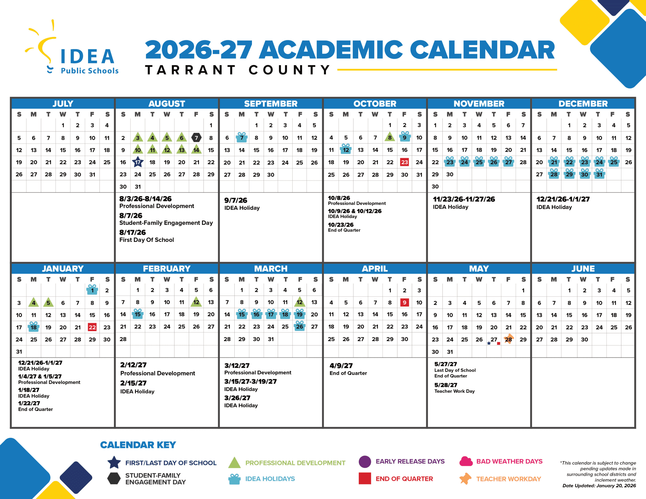 IDEA Public Schools Tarrant County 26-27 Calendar [PDF]