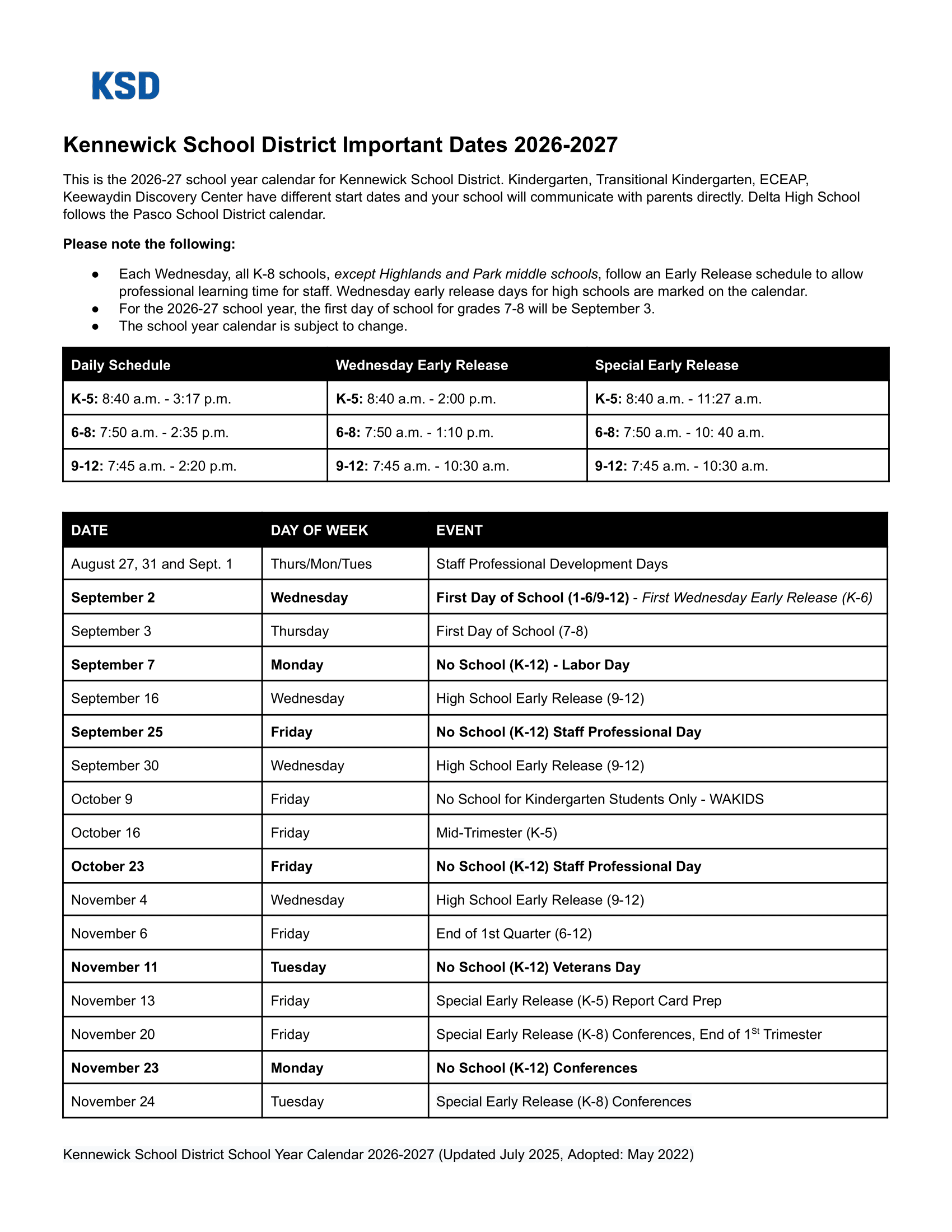 Kennewick School District  Calendar 2026-27 img1