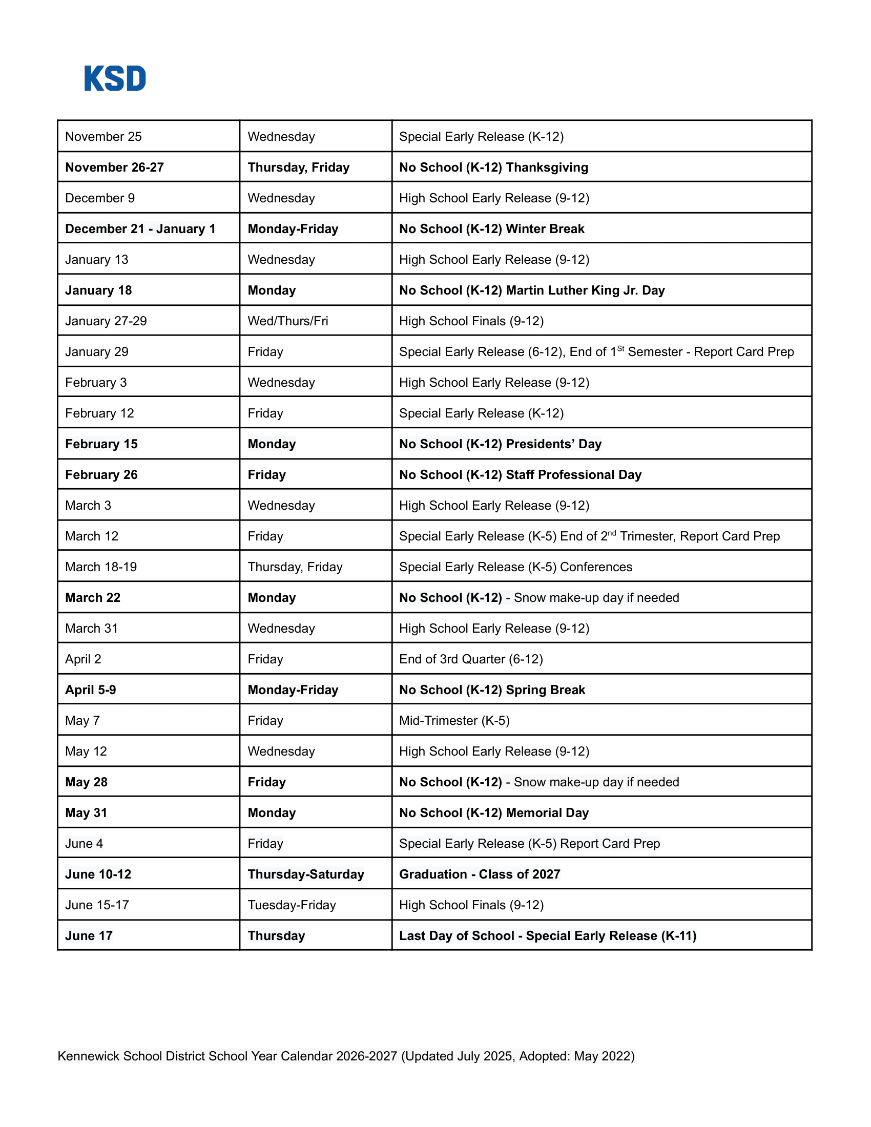 Kennewick School District  Calendar 2026-27 img2