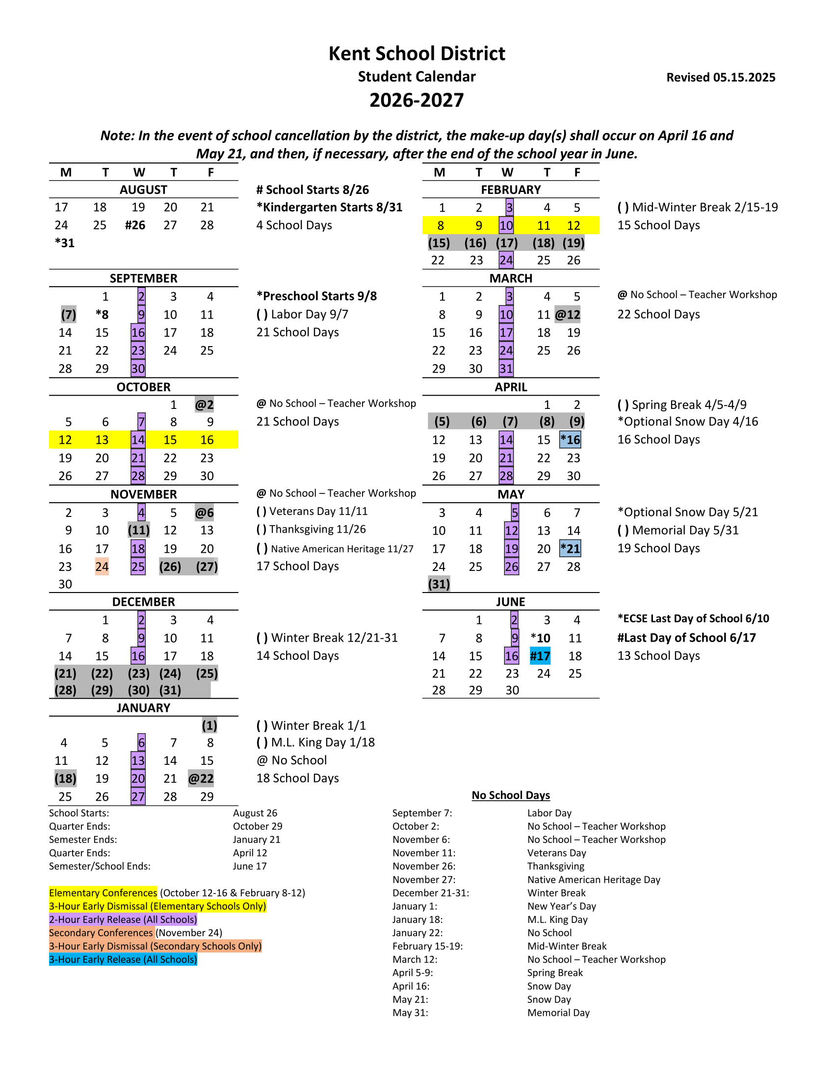 Kent School District Calendar 2026-27 img1