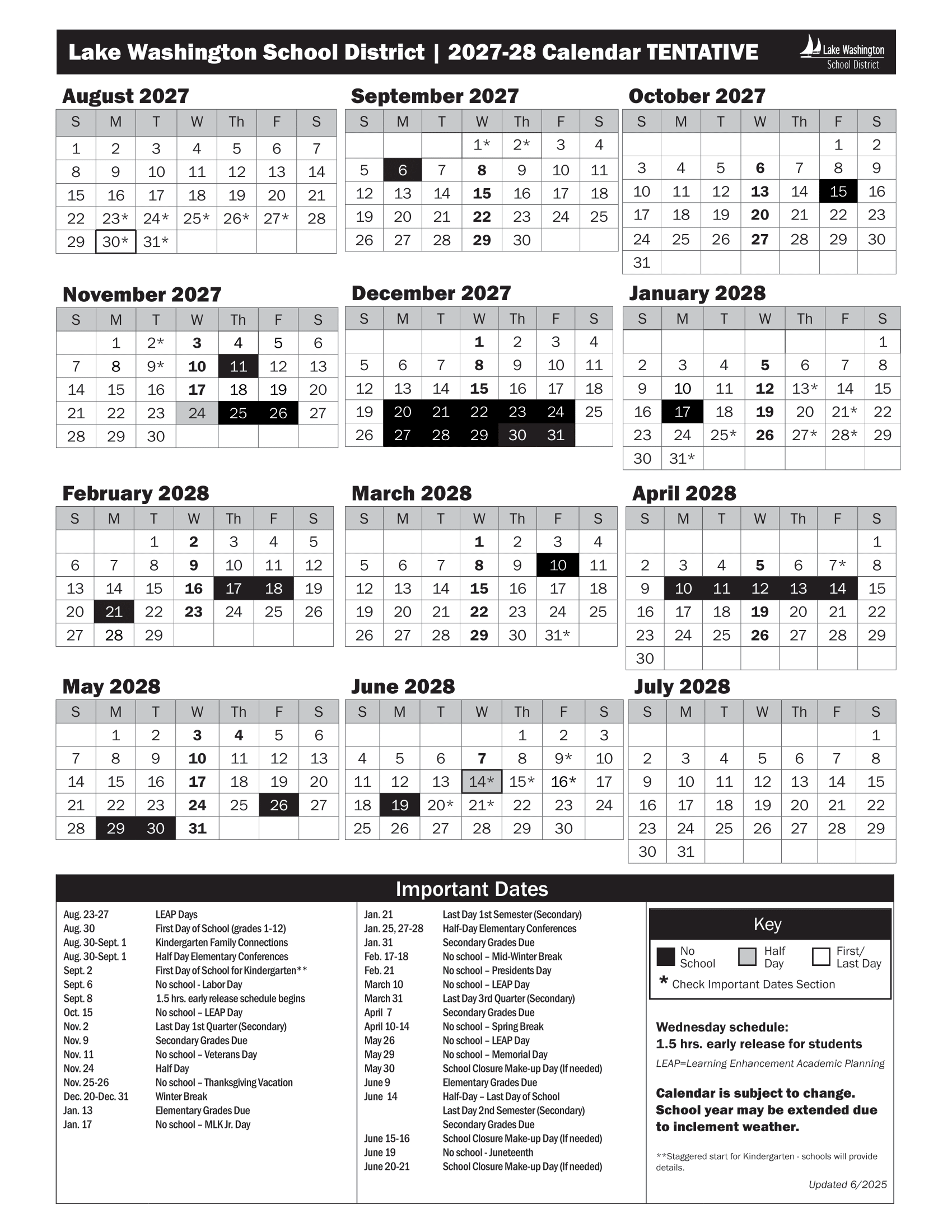 Lake Washington School District Calendar 2027-28 img1