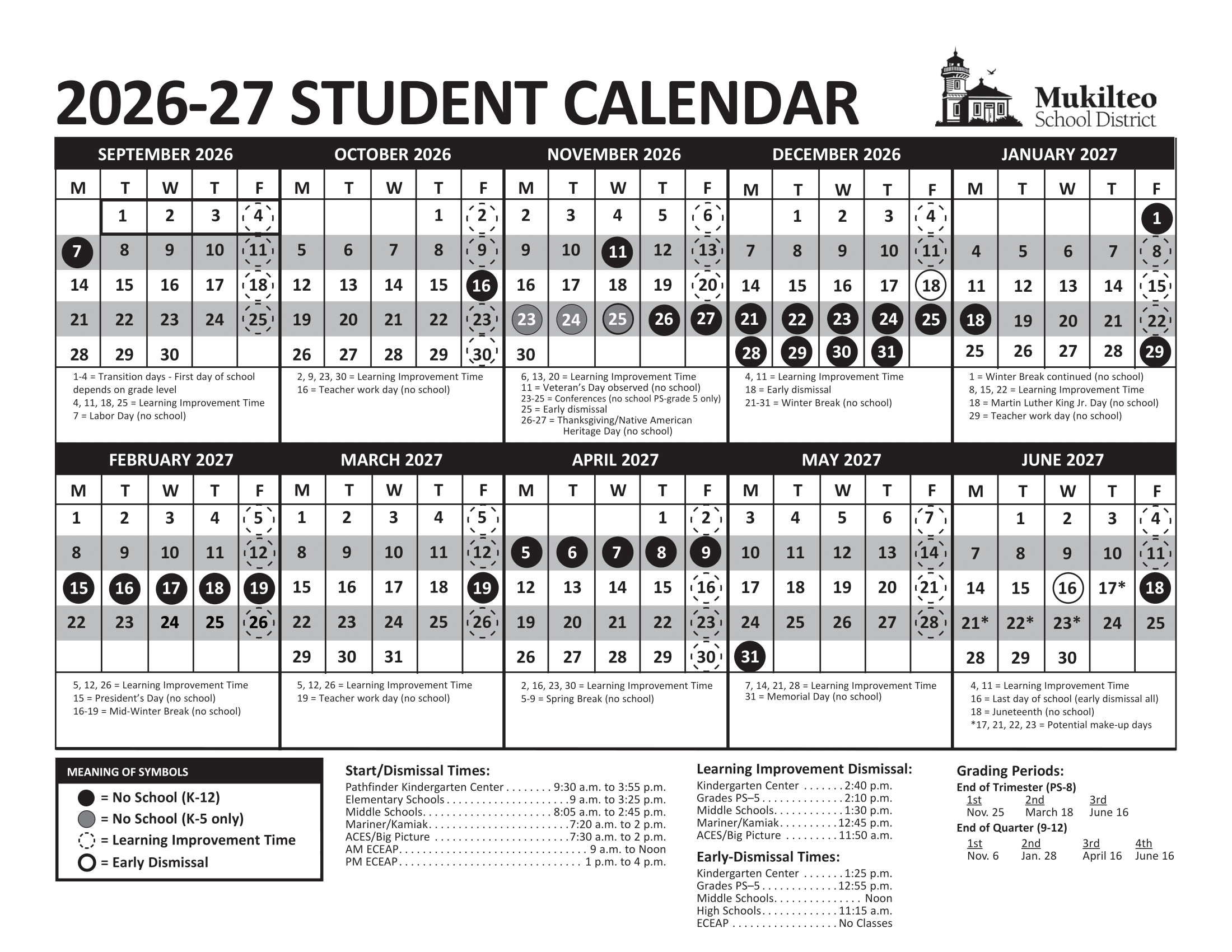 Mukilteo School District  Calendar 2026-27 img1