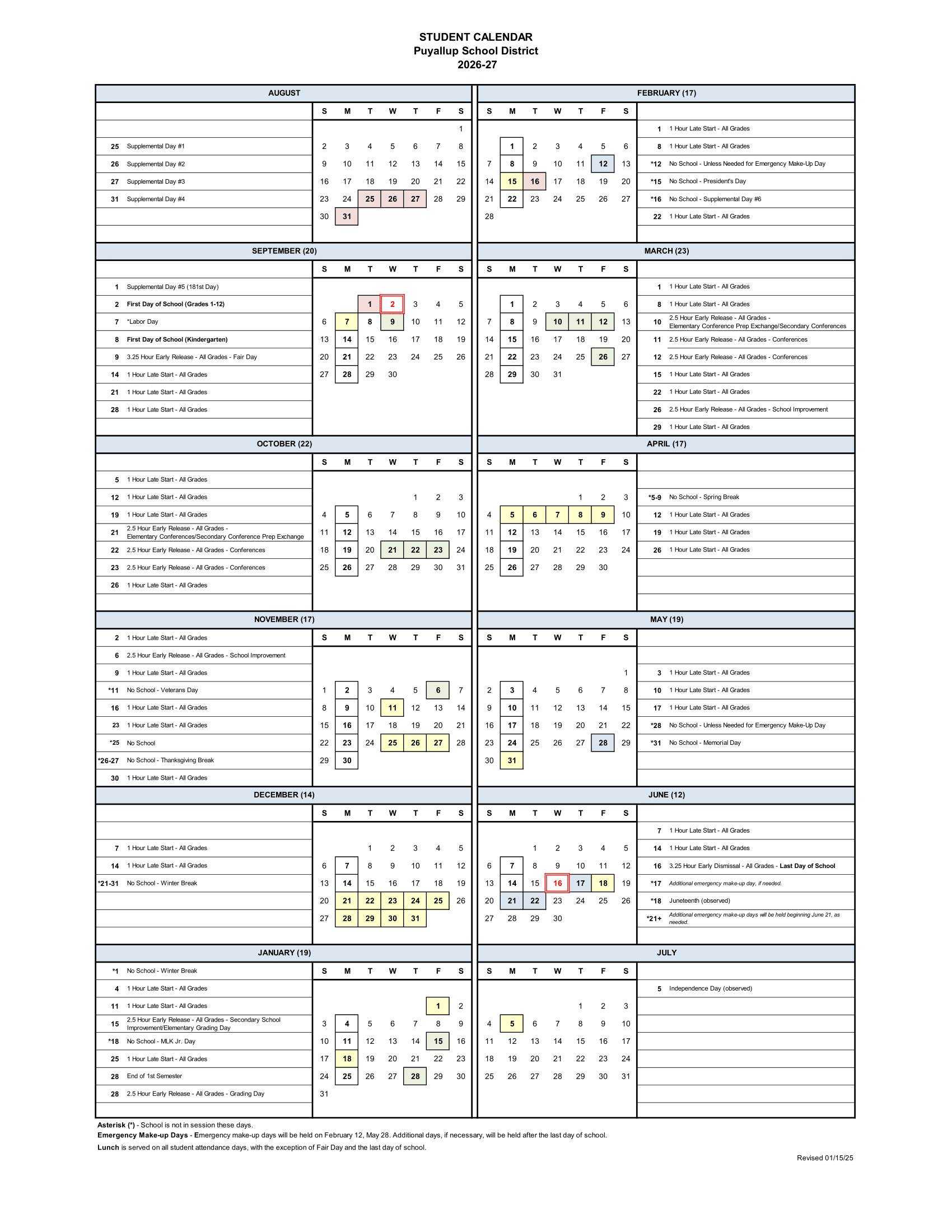 Puyallup School District Calendar 2026-27 img1
