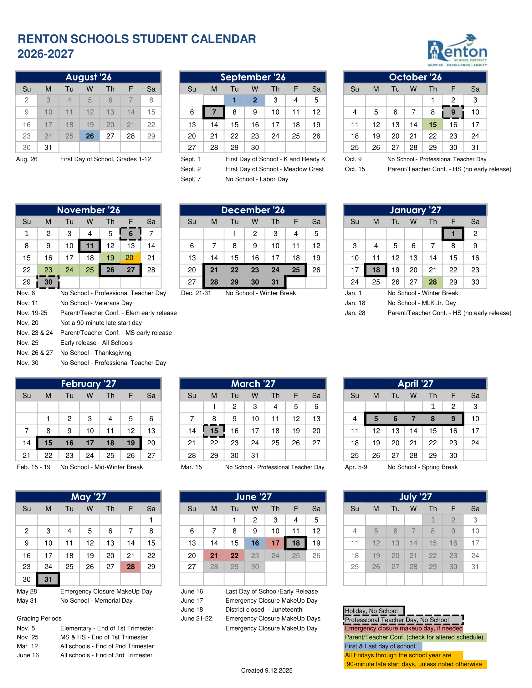 Renton School District Calendar 2026-27 img1