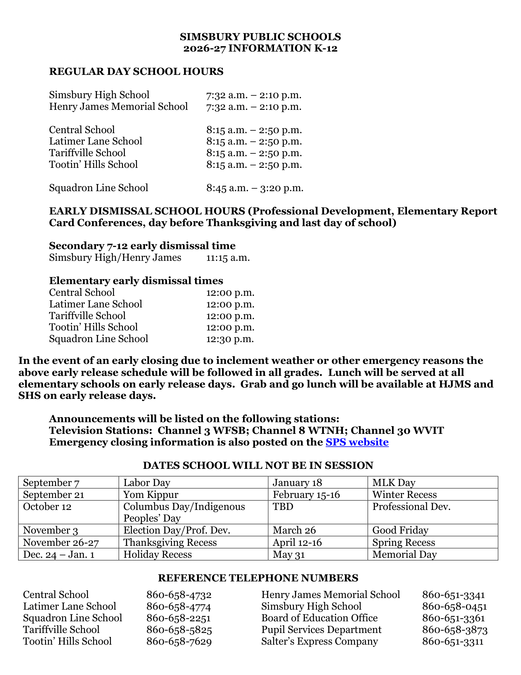 Simsbury Public Schools Calendar 26-27 Updated [PDF]