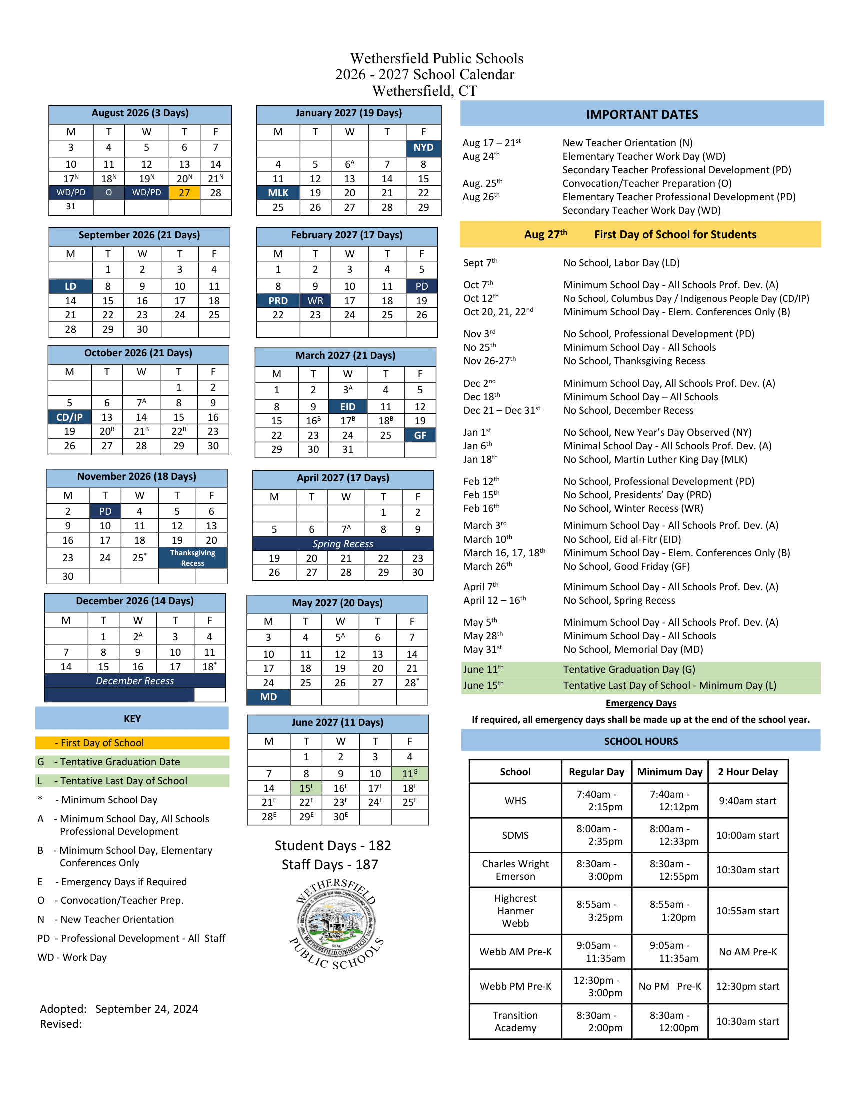 Wethersfield Public Schools Calendar 26-27 Updated [PDF]