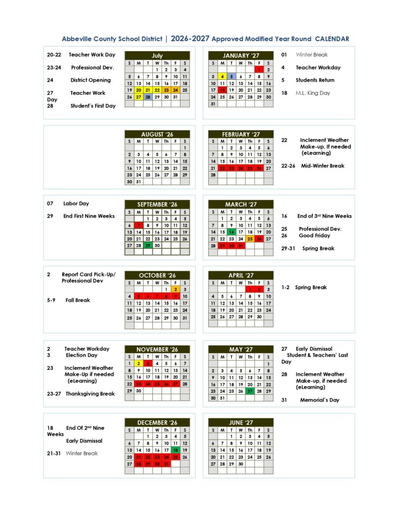 Abbeville County School District Calendar 2026-2027