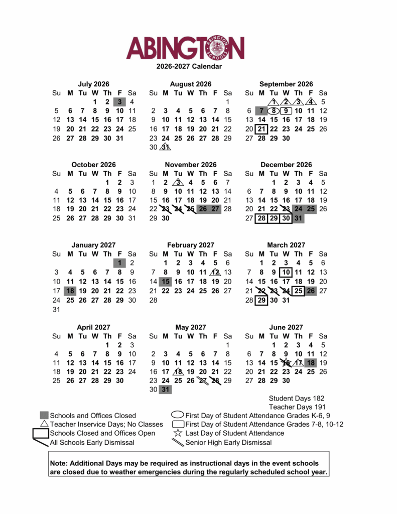 Abington School District 26-27 Calendar