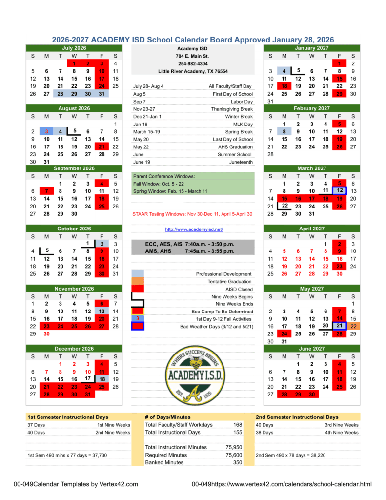 Academy ISD 26-27 Calendar