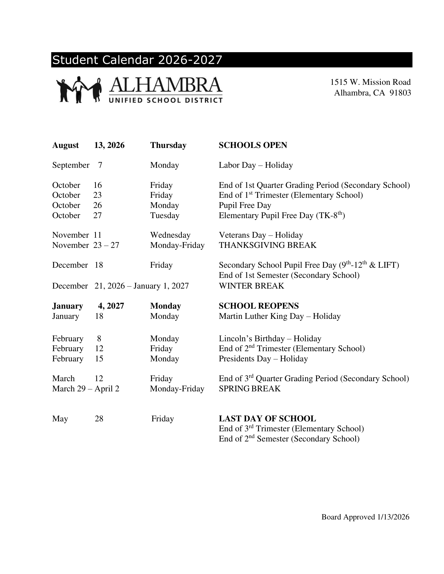 Alhambra Unified School District 26-27 Calendar [pdf]