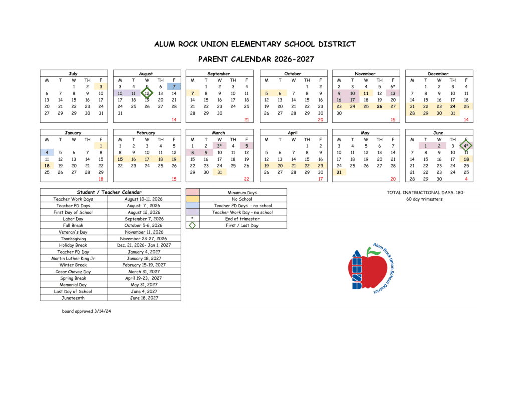 Alum Rock Union Elementary School District 26-27 Calender arusd