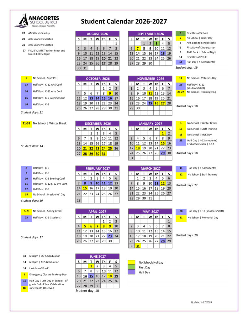 Anacortes School District 26-27 Calendar