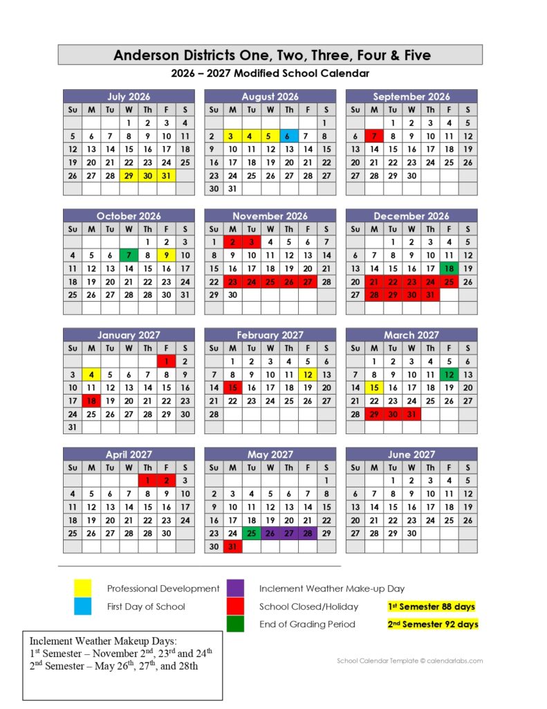 Anderson Districts One, Two, Three, Four & Five Calendar 2026-2027