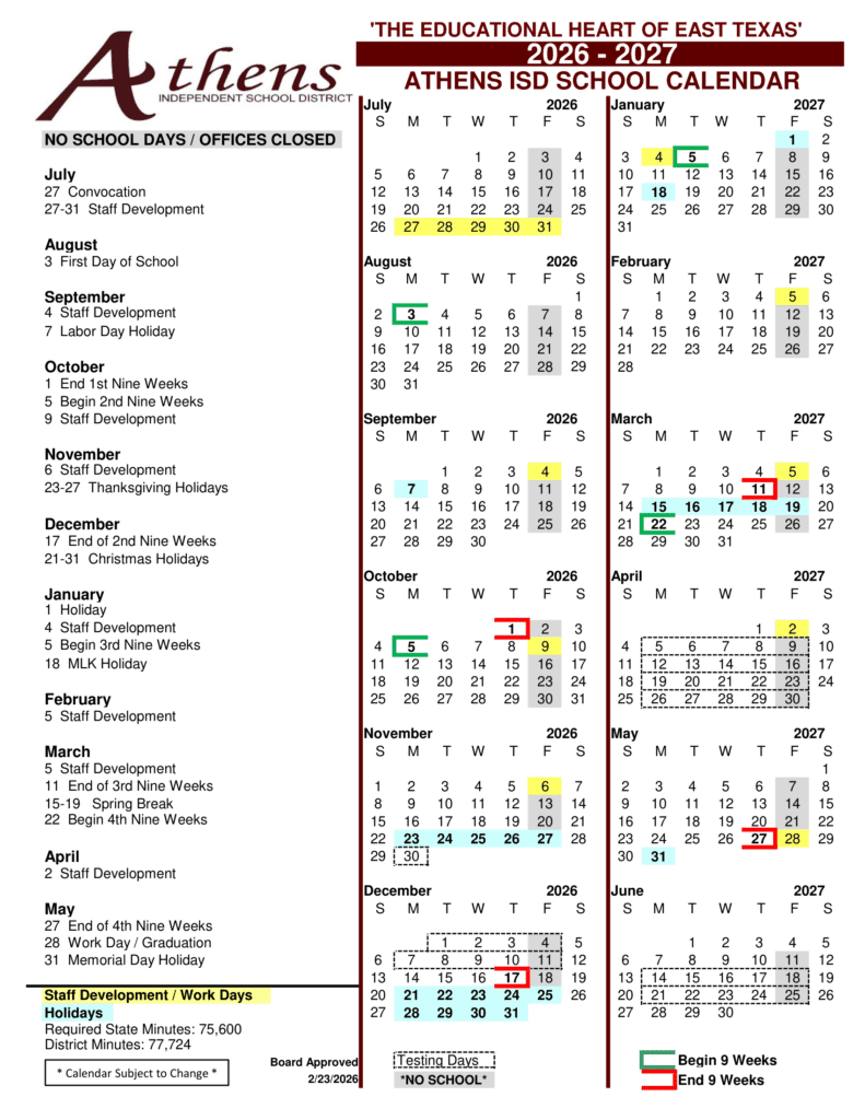 Athens Independent School District 26-27 Calendar