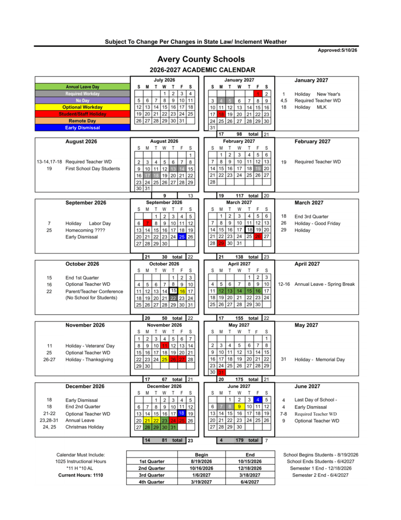 Avery County Schools 26-27 Calendar