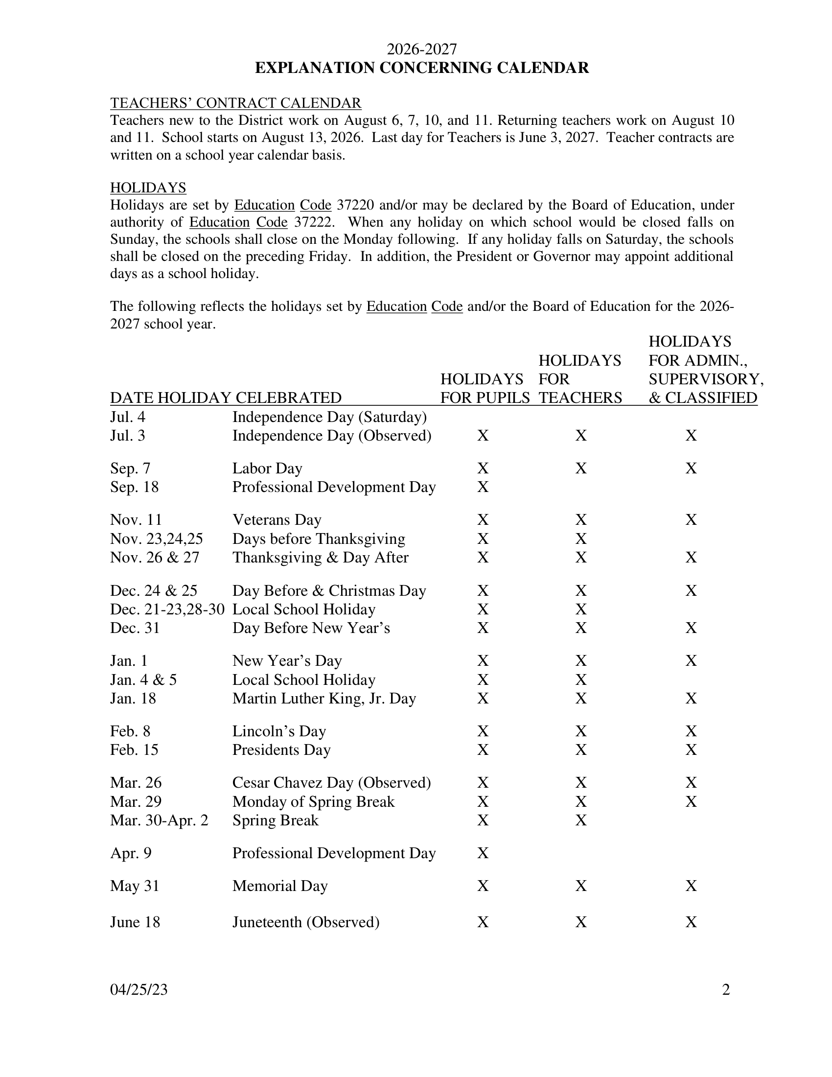 Baldwin Park Unified School District  26-27 Calendar [pdf]