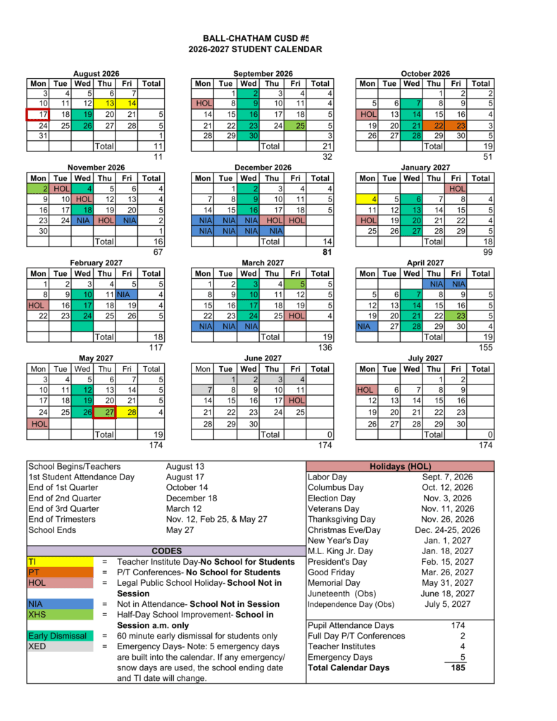 Ball-Chatham CUSD #5 26-27 Calendar