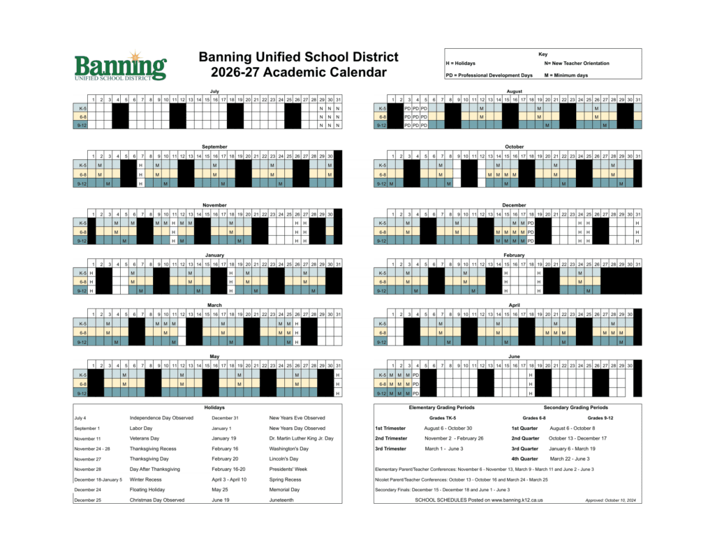Banning Unified School District 26-27 Calender