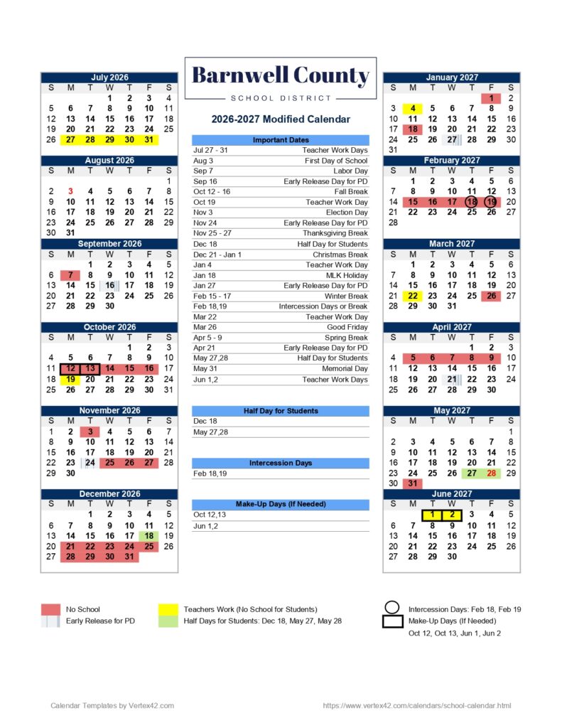 Barnwell County SCHOOL DISTRICT Calendar 2026-2027