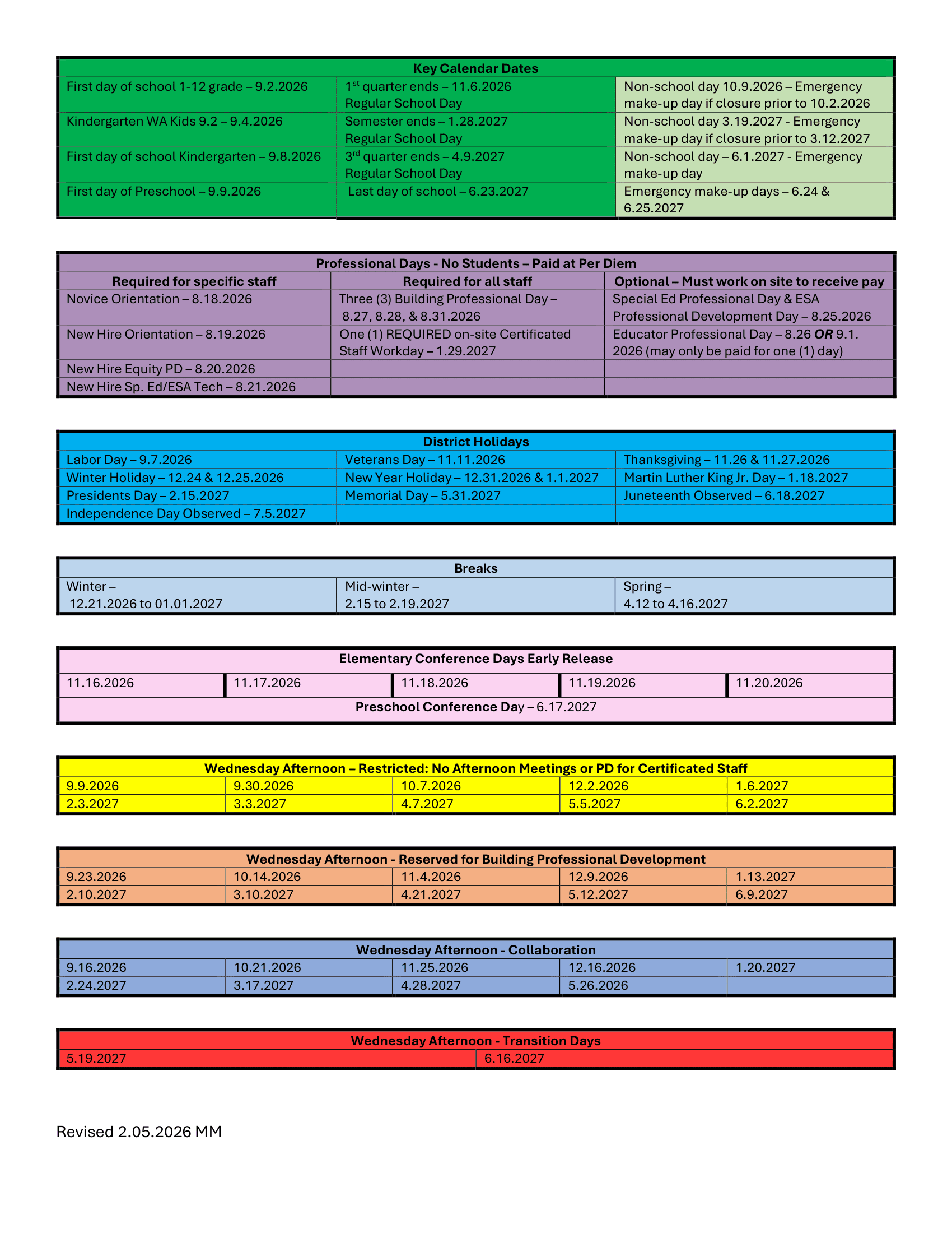 Bellevue School District 26-27 Calendar Revised [PDF]
