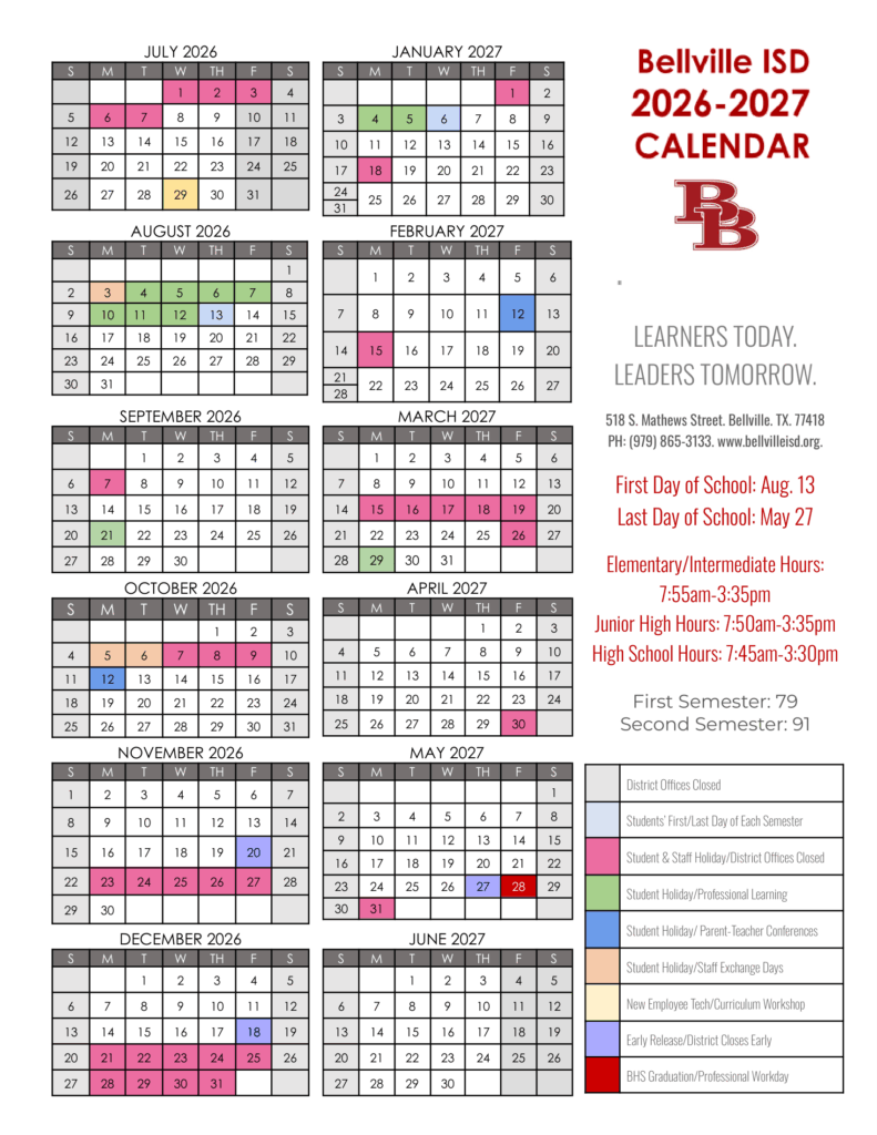 Bellville ISD 26-27 Calendar