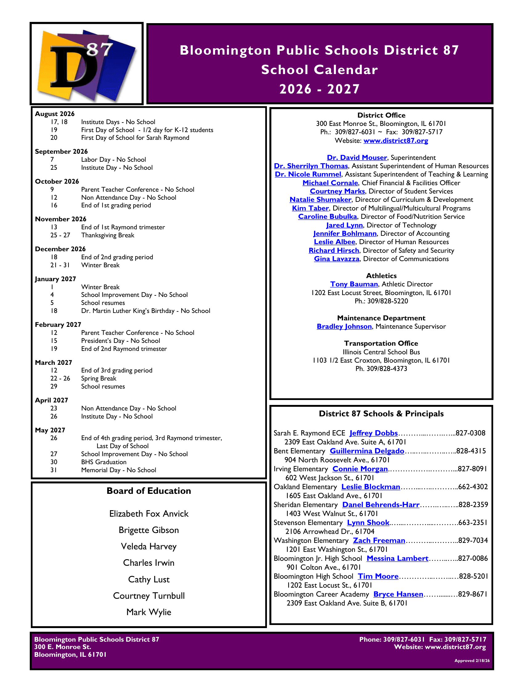 Bloomington Public Schools District 87 26-27 Calendar [PDF]