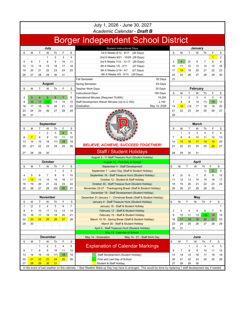 Borger Independent School District 26-27 Calendar