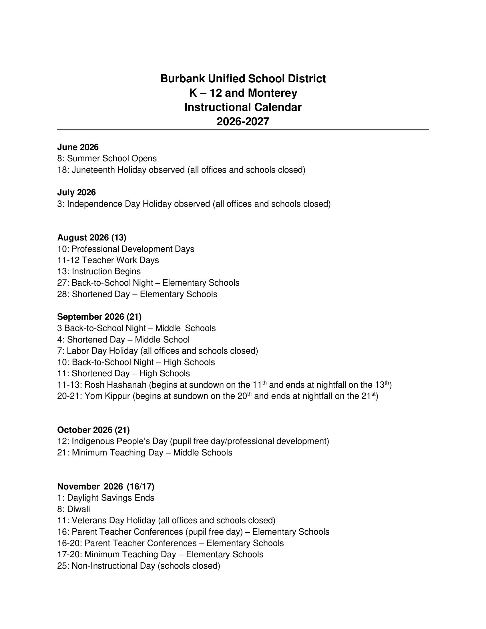 Burbank Unified School District Calendar 26-27 [PDF]
