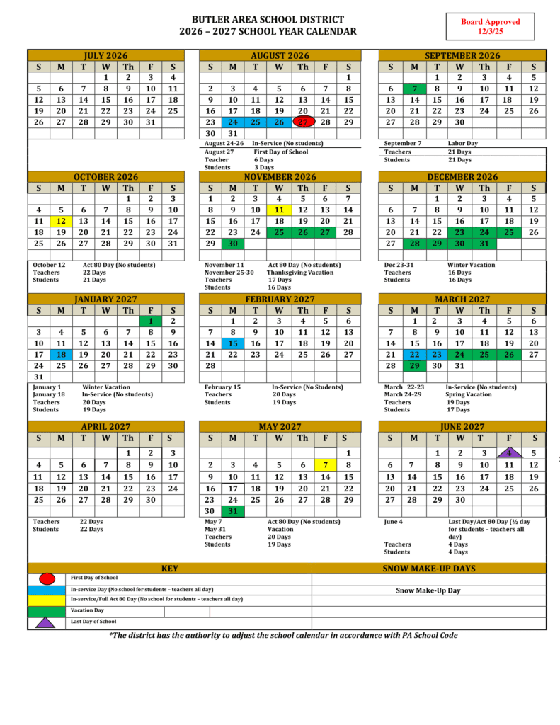 Butler Area School District 26-27 Calendar