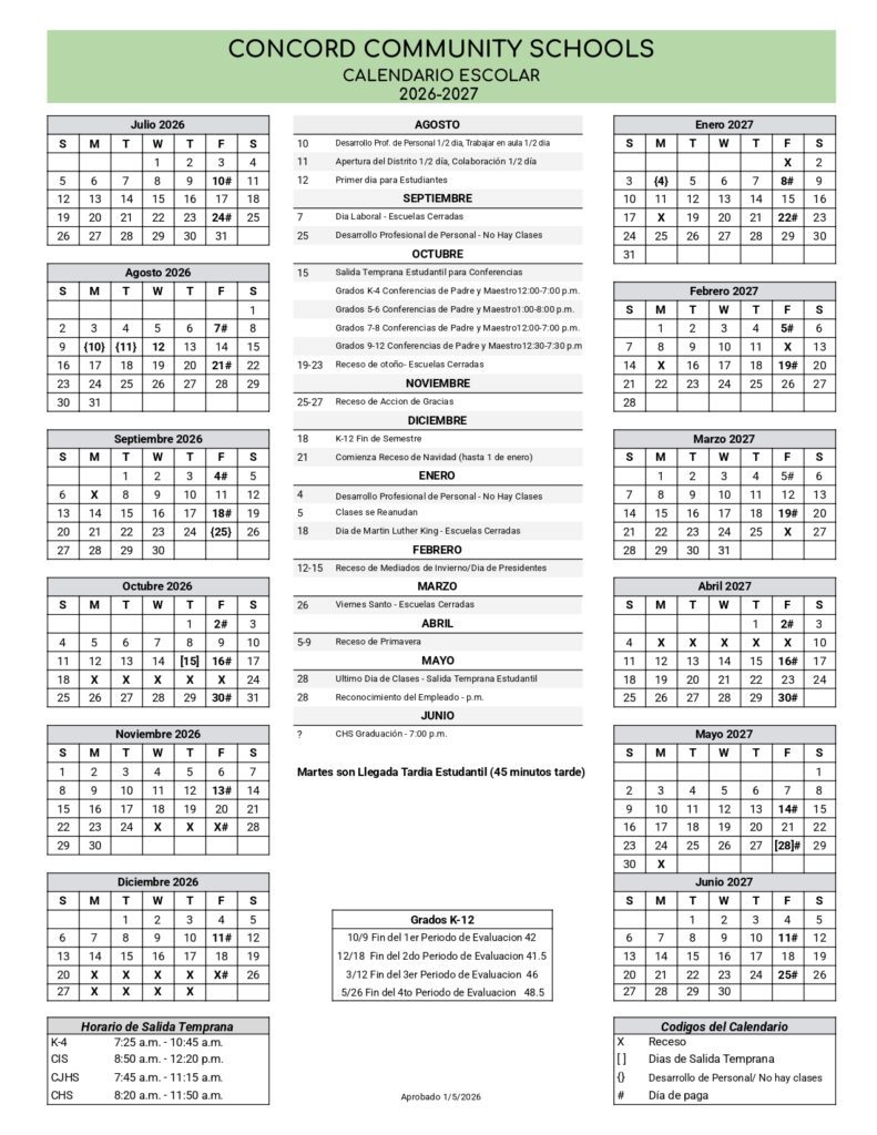 CONCORD COMMUNITY SCHOOLS Calendar 2026-2027....2