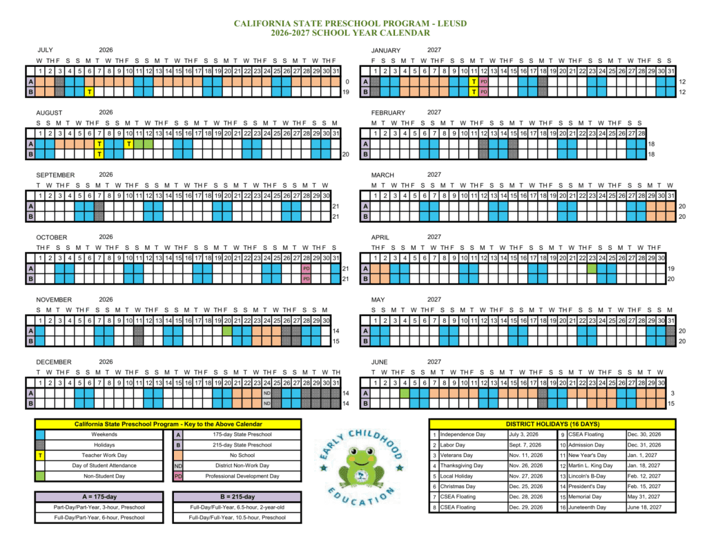 California State Preschool Program - LEUSD 26-27 Calender