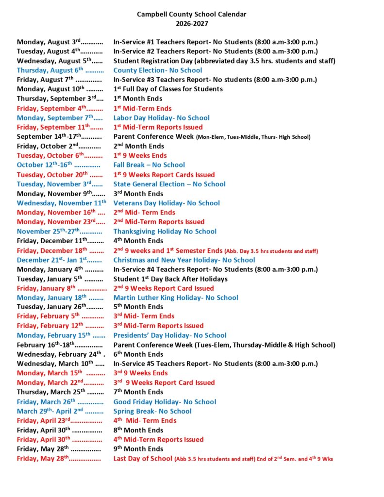 Campbell County School Calendar FAQ 2026-2027