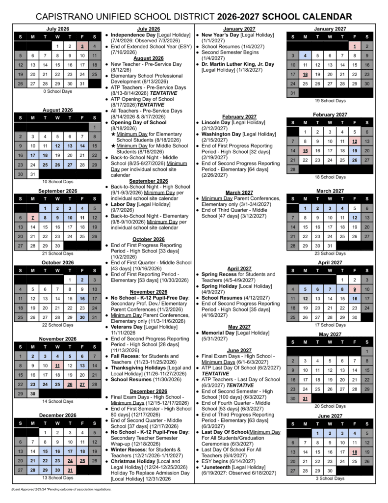 Capistrano Unified School District 26-27 Calender