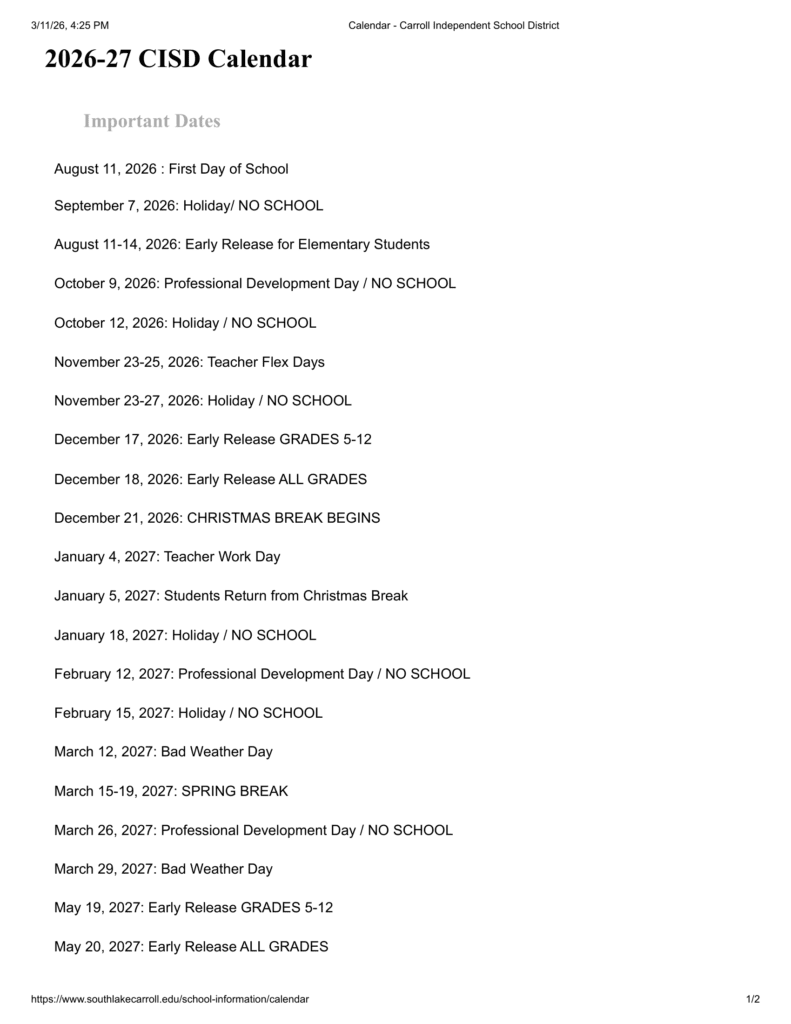 Carroll Independent School District 26-27 Calendar (1)