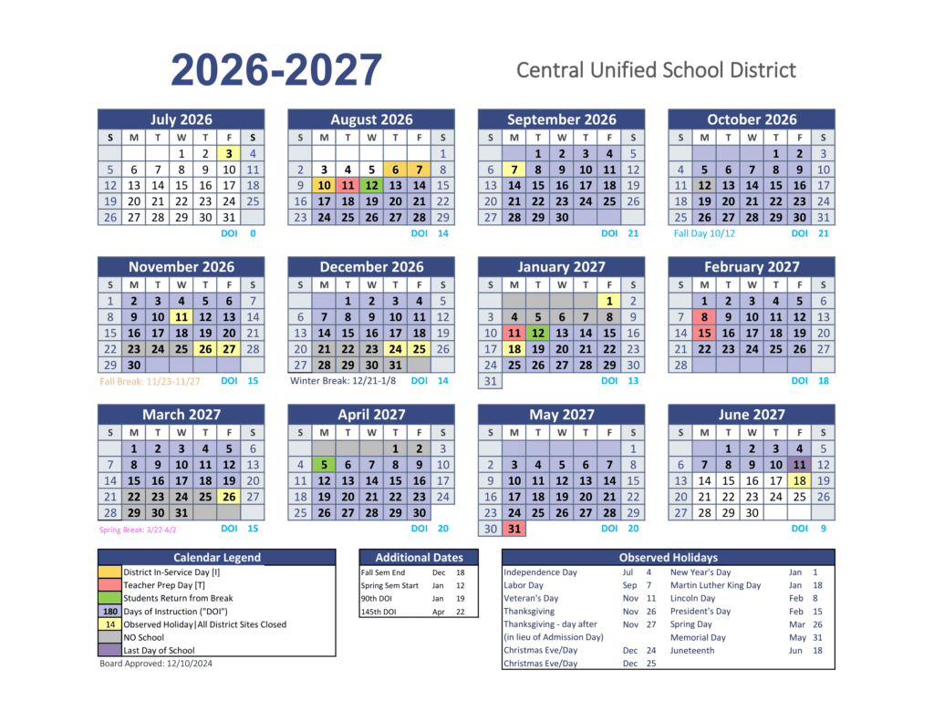 Central Unified School District 26-27 Calender