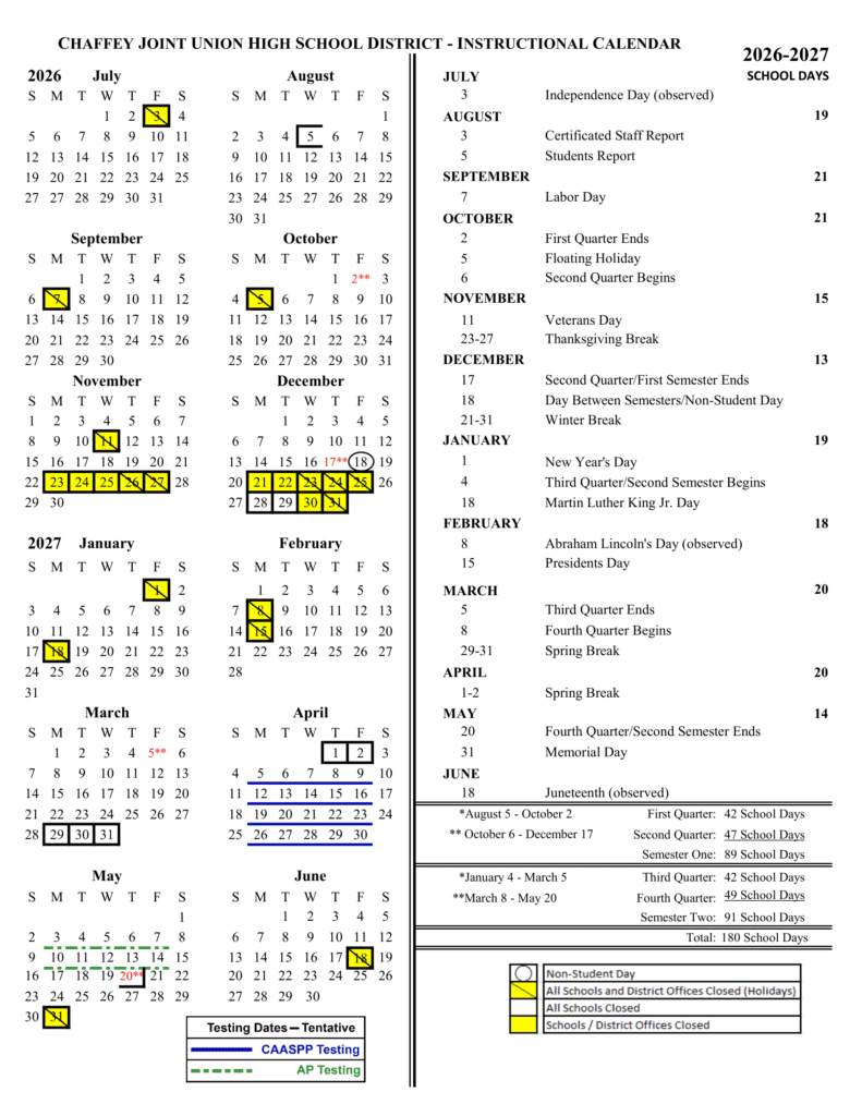 Chaffey Joint Union High School District 26-27 Calender