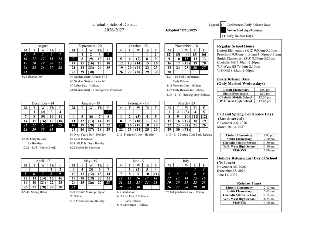 Chehalis School District 26-27 Calendar