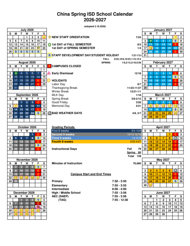 China Spring ISD 26-27 Calendar