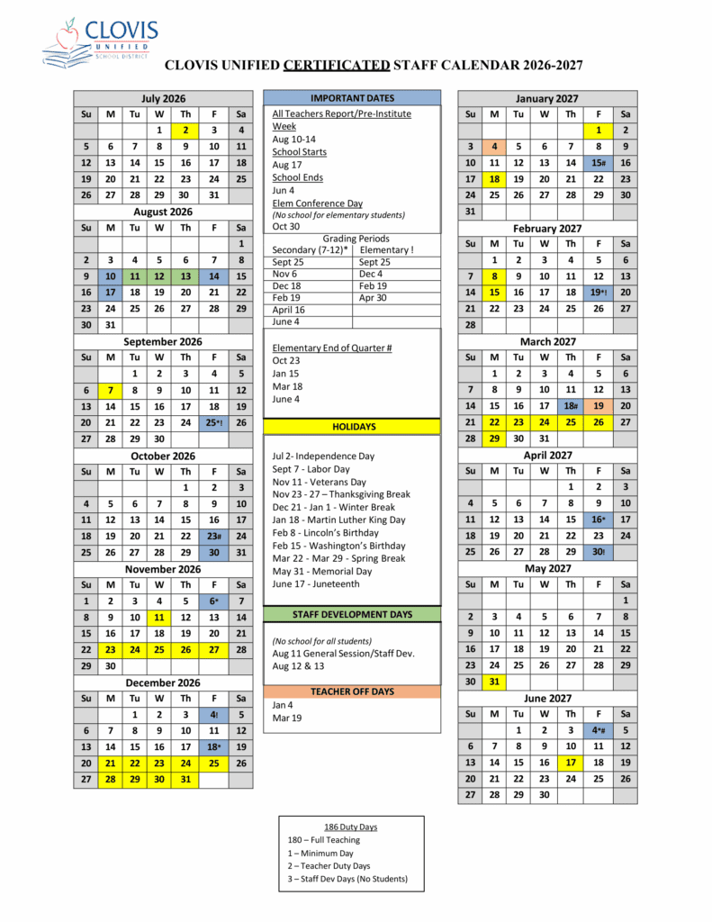 Clovis Unified School District 26-27 Calender