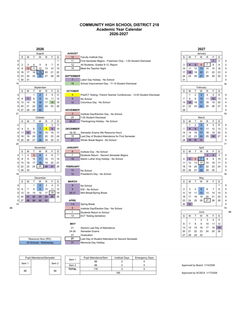 Community High School District 218 26-27 Calendar