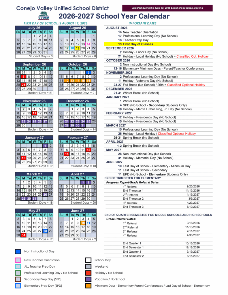 Conejo Valley Unified School District 26-27 Calendar